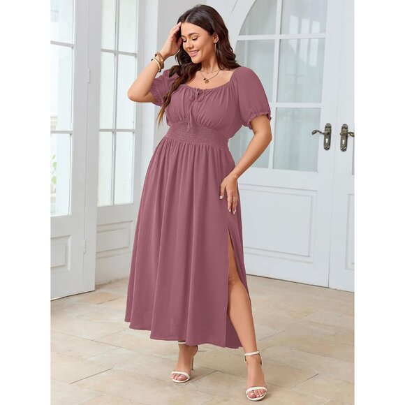 Plus Size Maxi Dress Smocked Square Neck Short Sleeve Flowy Long - Picture 6 of 6